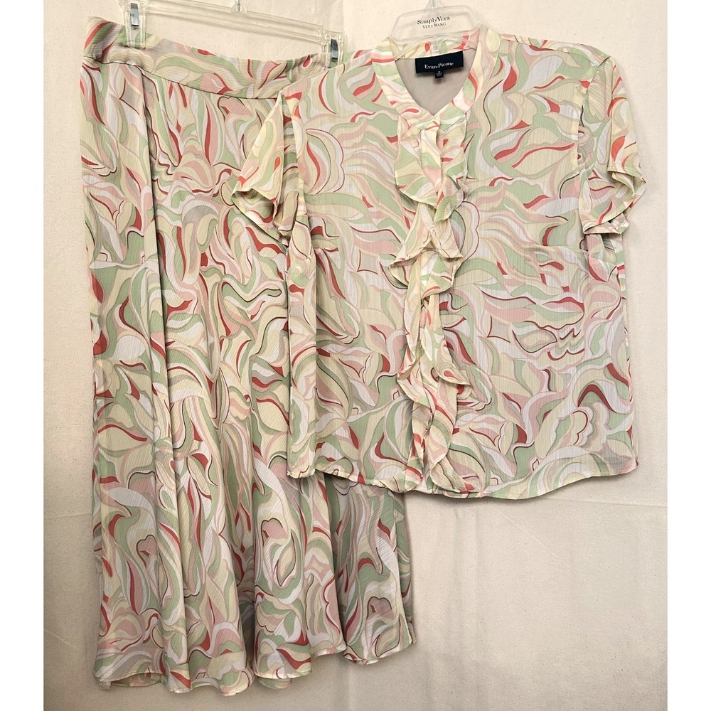 Evan-Picone Set Abstract Swirl Ruffle‎ Blouse Sz. 10 / Midi Skirt Sz. 8 Vtg READ